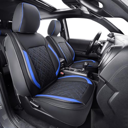LUCKYMAN CLUB F150 Full-Set Seat Covers J03-Q3 with Waterproof Faux Leather, Fit 2015-2025 Ford F150 and 2017-2025 F250 F350 F450 (Full Set, Black-Blue) - color: Black&Blue, size: Full Set