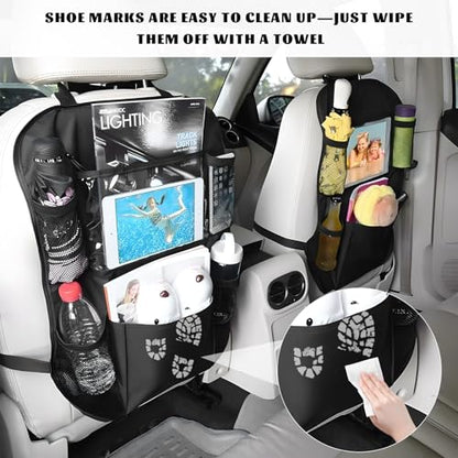 2 PCS Car Backseat Organizer, Multifunctional Seat Back Organizers with Touch Screen Tablet Holder, Waterproof Oxford Seat Back Storage Bag Kick Mats for Most Vehicles