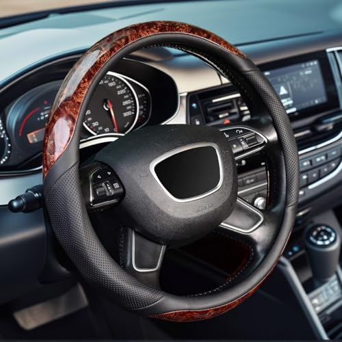 Wood Grain Steering Wheel Cover, Universal 14.5-15 inch Microfiber Leather Anti Slip Car Interior Accessories for Women Men, Black - color: Black
