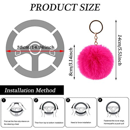 WenMei 4PCS Set Fluffy Steering Wheel Covers with Handbrake Cover&Gear Shift Cover&Plush Keychain Furry Steering Wheel Cover for Women Girl Fashion Warm Car Wheel Protector Fit Most Car (Rose red) - color: Rose red