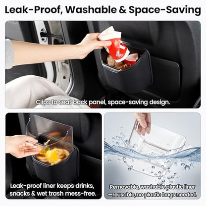 1797 Car Trash Can for Back Seat, Automotive Garbage Bin Clip on Front Seat Back, PU Leather with Leakproof Removable Plastic Liner, 0.42 Gallon Capacity for Small Trash