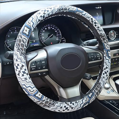 Boho Steering Wheel Cover, Bohemian Cloth Car Steering Wheel for Women Breathable Flax Ethnic Style Steering Wheel Accessories Cover Sweat-Absorbing Anti-Slip Fits 14 1/2-15 Inch - Black - color: Black