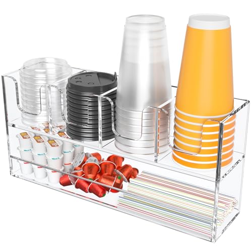 Beego 5-Compartment Cup Holder for Countertop - 2-Tier Clear Acrylic Cup Dispenser Coffee Station Paper Cup and Lid Organizer Condiment Storage for Restaurant Breakroom Kitchen Bar Accessories - color: Clear, size: 5 Compartments