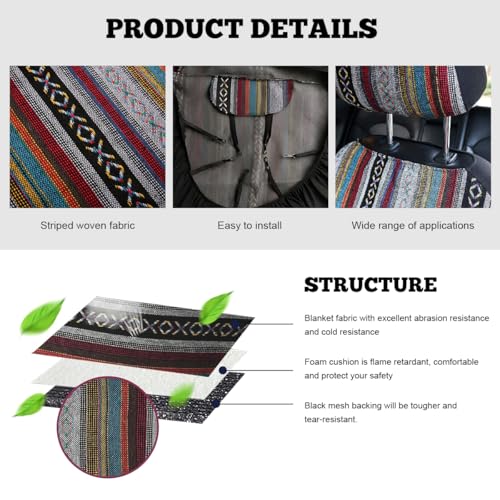 5PCS Baja Saddle Blanket Car Seat Covers, Front Set Breathable Washable Seat Covers with Seatbelt Pad, Striped Woven Cloth Airbag Compatible Seats Protector for Most Vehicles (5pcs) - color: 5pcs