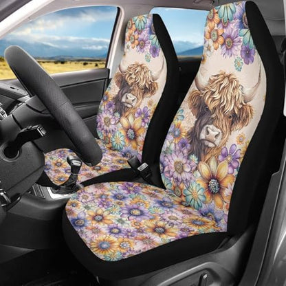 Bohu Flower Highland Cow Print Car Seat Covers Front Seats Only,Universal Fit Most Cars,Truck,SUV,or Van - color: Bohu Flower Highland Cow