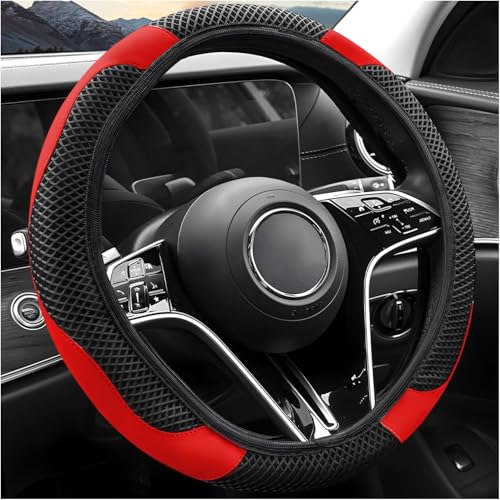 Elastic Stretch Steering Wheel Cover, Warm in Winter and Cool in Summer, Universal 15 inch Microfiber Breathable Ice Silk Anti Slip Car Interior Accessories, Odorless, (Black Red) - color: Red