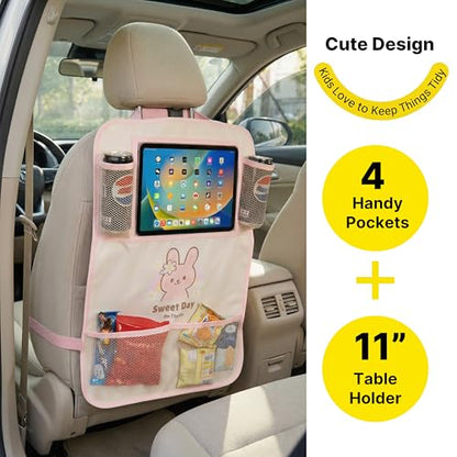 Backseat Car Organizer for Kids, Car Seat Organizer with 11” Touch Screen Tablet Holder, Rear Seat Storage Bag with Drink Pockets, Anti-Kick Seat Back Protector for Travel (Pink Rabbit)
