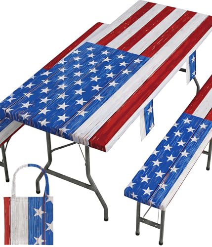 Picnic Table Cover with Bench Covers Waterproof Rectangle Tablecloth Camping Essentials Supplies Rv Travel Gear Must Haves Accessories Fitted Table Cloth Outdoor Road Trip Camper Gifts American Flag - color: Red Blue Flags, size: 72in