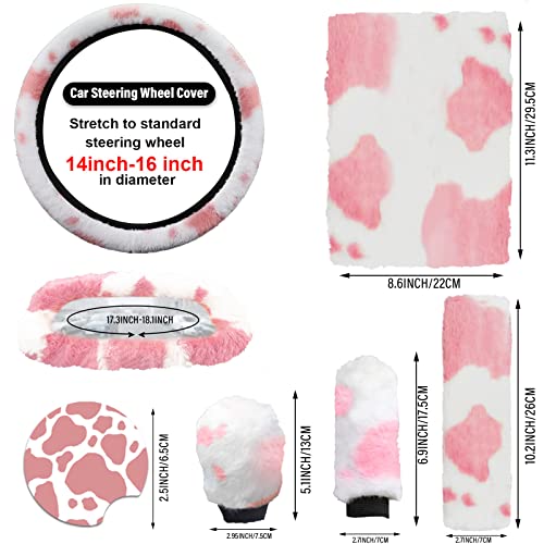 JINGSEN11 Pieces Fluffy Car Accessories Set,Fluffy Cow Print Plush Steering Wheel Covers for Women Soft Fleece Handbrake Cover Shift Cover Car Trim Warm Non-Slip(Pink) - size: pink