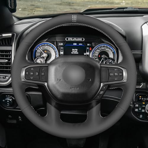 MEWANT DIY Hand Stitch Black Artificial Leather Steering Wheel Cover for Dodge Ram 1500 Laramie Big Horn 2019-2021 - color: Black Artificial Leather&White Stripe&White Thread