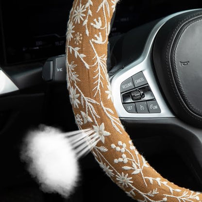 Brown Japanese Style Flower Steering Wheel Cover Auto Embroidery Steering Wheel Protector, Anti-Slip, Breathable, Absorbing Sweat, Universal Car Accessories 14.5–15 inch,Fit for Most Car, Trucks, SUV - style: Brown Japanese Style Flower JQ
