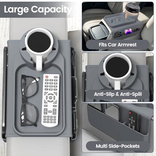 Couch Cup Holder Tray, Silicone Sofa Armrest organizer with Side Pockets for Storage Remotes, Cell-phone,Tablet or Snack, Anti-Spill and Anti-Slip Sofa Arm Tray for Recliner, Armchair Caddy (Gray)