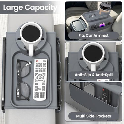 Couch Cup Holder Tray, Silicone Sofa Armrest organizer with Side Pockets for Storage Remotes, Cell-phone,Tablet or Snack, Anti-Spill and Anti-Slip Sofa Arm Tray for Recliner, Armchair Caddy (Gray)