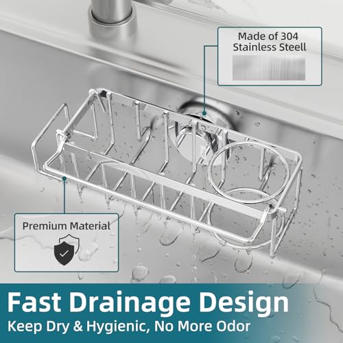 TAILI 4-in-1 Sink Caddy with Strong Suction Cup, Sponge Holder for Kitchen Sink Organizer, Removable, Rustproof, Stainless Steel Holder for Sponge, Brush, Scrubber, Scraper - Silver