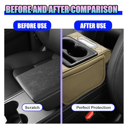 Leather Car Center Console Cover, Universal Automotive Armrest Booster Cushion, Vehicle Middle Console Organizer with 2 Cup Holders, Side Storage Bag, Tissue Box & Phone Slot(Beige) - color: Beige