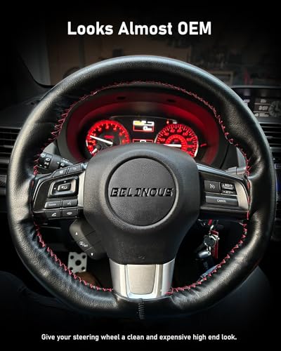 BELINOUS Leather Steering Wheel Cover Lace Up, Stitch on Steering Wheel Wrap, Universal Fit 13-20 Inch Car Truck Pickup Boat, A Whole Piece of Cowhide, DIY w/Needle Thread (Size XL0, Black & Red) - color: Black and Red, size: XL0