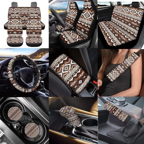 Dreaweet Aztec Leopard Print Car Seat Covers Full Set 12 Pcs - Brown Front and Back Seat Covers with Steering Wheel Cover with Center Console Cover,Coasters,Seatbelt Covers,Gear Shift Handbrake Cover - color: Aztec Leopard Print