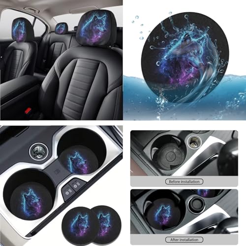 Wolf Lighting Print Blue Black 15 Pcs Car Seat Cover Set, Universal Car Accessory Set Front Rear Seat Covers Seat Belt Covers Steering Wheel Cover Car Coaster Car Headrest Cover - color: Wolf Lighting Print Blue Black