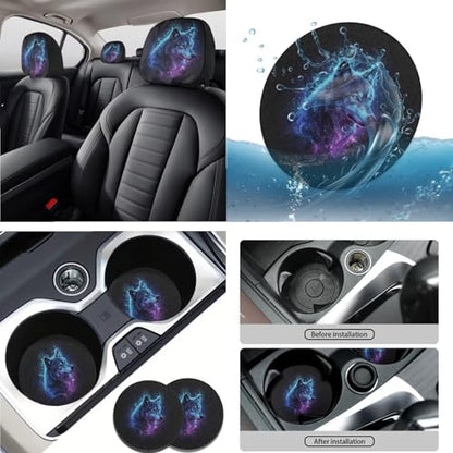 Wolf Lighting Print Blue Black 15 Pcs Car Seat Cover Set, Universal Car Accessory Set Front Rear Seat Covers Seat Belt Covers Steering Wheel Cover Car Coaster Car Headrest Cover - color: Wolf Lighting Print Blue Black