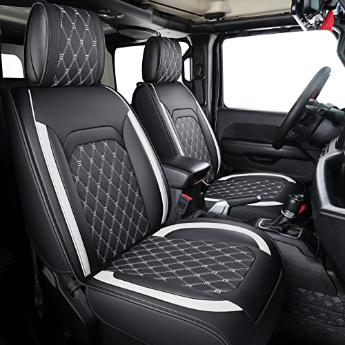 Jeep Wrangler JK JL 4-Door Seat Covers Full Set Custom Fit 2007-2026 Unlimited X Rubicon 392 Sahara Willys Sport High Altitude 4X4 Truck Pickup Waterproof Faux Leather (Full Set/Black-W) - color: Full Set/BLACK-White