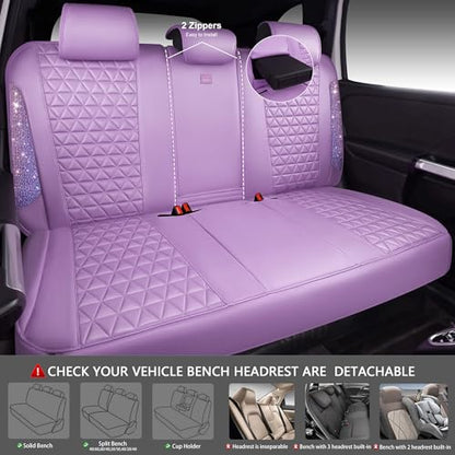 CAR PASS Light Purple Bling Diamond Leather Car Seat Covers Full Sets, Waterproof Shining Glitter Sparkly Crystal Universal Armrest Fit for Automotive Truck SUV Cute Women Girl,Lavender Rhinestone - color: Purple Rhinestone Lavender, size: Full Set