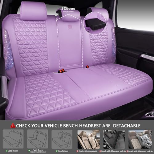 CAR PASS Light Purple Bling Diamond Leather Car Seat Covers Full Sets, Waterproof Shining Glitter Sparkly Crystal Universal Armrest Fit for Automotive Truck SUV Cute Women Girl,Lavender Rhinestone - color: Purple Rhinestone Lavender, size: Full Set