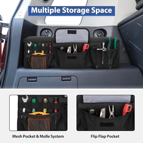 Car Trunk Organizer Compatible with Toyota FJ Cruiser 2007-2021, Rear Storage Bag with 3 Pieces of 1.5” Wide Hook&Loop Tapes, 2 Adjustable Hanging Loops, Multiple Pockets, Black