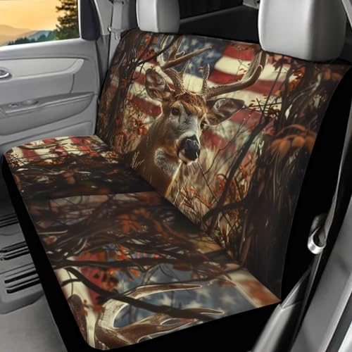 WELLFLYHOM Hunting Deer Car Seat Covers for Women Men Rear Bench Seat Cover American Flag Car Accessories Universal Saddle Blanket Seats Protective Cover Fit Trucks SUV Van, 2 Pcs Set - color: 00 Hunting Deer American Flag