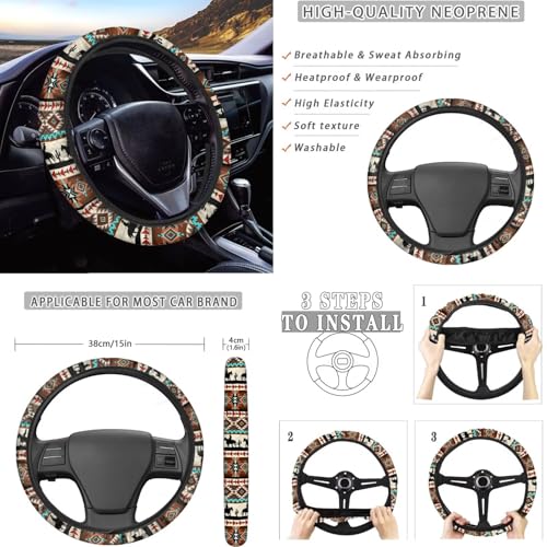 Dreaweet Aztec Car Seat Covers Full Set Western Cowboy Pattern Car Accessories for Men,Universal Steering Wheel Cover/Center Console Cover/Seatbelt Covers/Coasters/Gear Shift Cover and Handbrake Cover - color: Aztec Cowboy