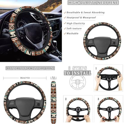 Dreaweet Aztec Car Seat Covers Full Set Western Cowboy Pattern Car Accessories for Men,Universal Steering Wheel Cover/Center Console Cover/Seatbelt Covers/Coasters/Gear Shift Cover and Handbrake Cover - color: Aztec Cowboy