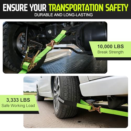 4-Pack 10,000lbs Break Strength Ratchet Straps Heavy Duty, 2 Inch x 10 Feet Tie Down Straps with J-Hooks & Clips & 2" x 38"Axle Straps for Car Trailer Truck, UTV, Motorcycle, Cargo & More - Green - color: Green