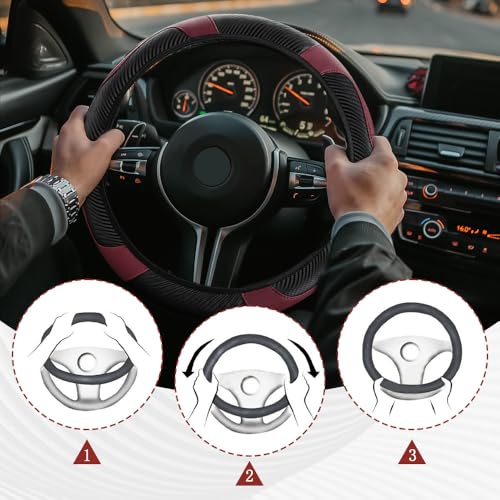 Car Steering Wheel Cover, Steering Wheel Protector, Universal 14.5-15 Inch Microfiber Leather Breathable Auto Steering Wheel Covers, Carbon Fiber Steering Wheel Cover for Women Men (Wine) - color: Wine red