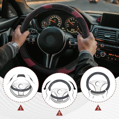 Car Steering Wheel Cover, Steering Wheel Protector, Universal 14.5-15 Inch Microfiber Leather Breathable Auto Steering Wheel Covers, Carbon Fiber Steering Wheel Cover for Women Men (Wine) - color: Wine red