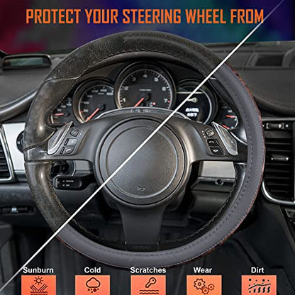 CAR PASS Wood Grain Microfiber Leather Steering Wheel Cover, Universal Fit for 14 1/2-15 inch Gray Steering Wheel, Anti-Slip Veins Design,Cars, Suvs,Minivans, Sedans (Gray) - color: gray