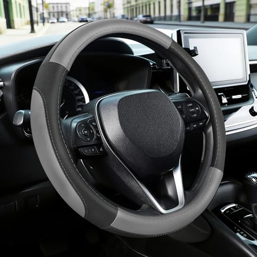 SEG Direct Car Steering Wheel Cover for Prius Civic Model 3 Model Y Camaro, Small Size 14-14.25 inch, Black and Gray Microfiber Leather - color: Black and Gray, size: Small size[14''-14 1/4'']