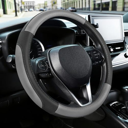 SEG Direct Car Steering Wheel Cover for Prius Civic Model 3 Model Y Camaro, Small Size 14-14.25 inch, Black and Gray Microfiber Leather - color: Black and Gray, size: Small size[14''-14 1/4'']