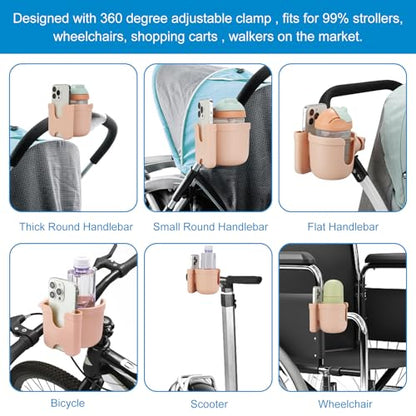 Accmor Stroller Cup Holder with Phone Holder, Bike Cup Holder, Universal Cup Holder for Uppababy Nuna Doona Strollers, 2-in-1 Cup Holder for Walker, Wheelchair, Scooter - color: All Pink