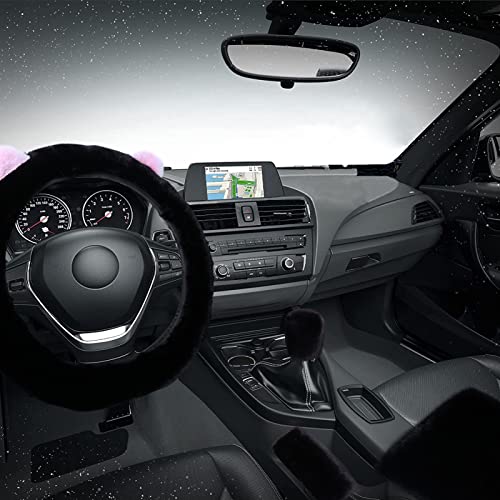 9 Pack Cute Bear Fluffy Steering Wheel Cover with Furry Gear Cover,Handbrake Cover,Seat Belt Pad,Armrest Pad,Bling Car Coaster and Fur Key Chain for Women Girls (Black) - color: Black