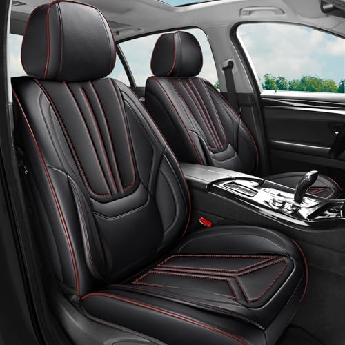 Car Seat Covers Full Set Black and Red line, Premium Leather Car Seat Covers, Waterproof and Breathable Seat Covers, Universal Car Seat Protector Fit for Cars, Trucks, SUVs, Pick-ups - color: Black & Red Line, size: Full Set