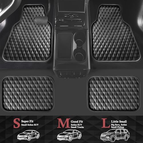 CAR PASS Deep Tray Rubber Car Mats, Heavy Duty All-Weather Floor Mat for Car, Durable Anti-Slip 3D Rhombus Waterproof Car Floor Mats, Universal L~S Fit for Truck SUV Vehicle Automotive, 4 Pieces Black