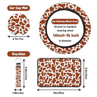 15 Pcs Car Steering Wheel Cover Center Console Armrest Pad Headrest Seat Belt Cover Handbrake Cover Keychain Coaster Full Set Car SUV (Brown Cow) - color: Brown cow
