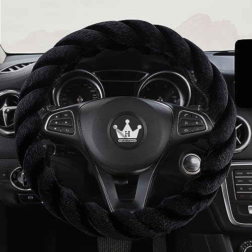 Luxury Fluffy Winter Car Steering Wheel Cover for Women Soft Warm Plush Cute Auto Accessories for Vehicle, Sedan, Universal, Fuzzy, Anti Slip, Black, Standard Size, 14.75-15.15" - color: Black, size: Standard Size [14.75-15.15"] (37.5-38.5cm)