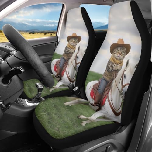 Pehede Car Seat Cover Cartoon Cat Riding A Horse Front for Cars, Easy to Install Cover Set, Accessories Auto Trucks Van SUV,2 Packs - color: Multi05