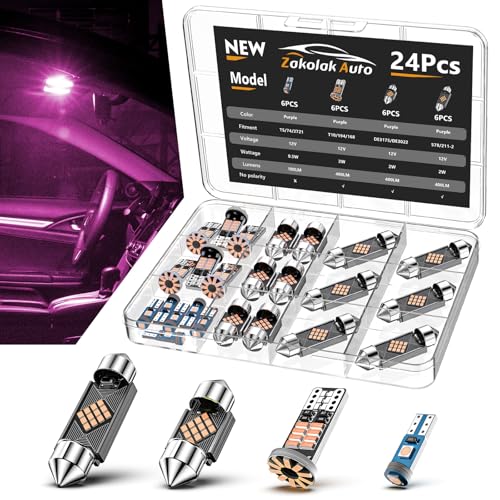 Zakolak 24PCS LED Interior Car Lights, Extremely Bright LED Bulb Kit, Applicable to Dome Map Door Lights and Other Parts Replacement for Your Cars, to Help You See Inside The Car at Night（Purple） - color: Purple
