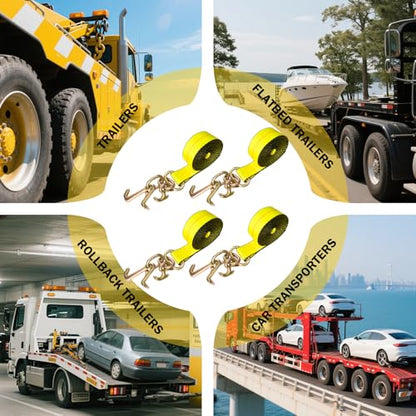 4PCs 2" x12' Recovery Winch Strap w/RTJ Cluster Hook, 10000LBS Tow Truck Car Wrecker Winch Tie Down Straps, Heavy Duty Autohauler Car Tie Down Straps - size: 2"x12FT(4PCs)