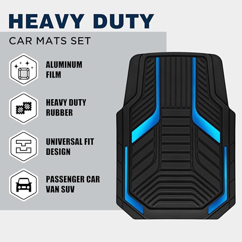PIC AUTO Heavy Duty Rubber Floor Mats, Blue Aluminum Film Car Mats Set, Front and Rear Car Mats with Anti-Slip Backing, All Weather Protection, Trim-to-Fit for Automotive SUV, Sedan, Van - color: Blue