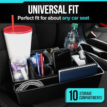 Moblorg Vehicle Seat Organizer Car Storage Caddy with Carrying Handle, 2 Large Cup Holders, 10 Compartments, Hidden Extra Storage, Fits Most Vehicles, Made in USA from Recycled Plastic