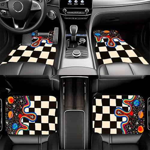 Universal Fit Car Floor Mats Set of 4Pcs, Black and White Checkered and Pplanet All-Weather Front Rear Car Carpet Mats, Non-Slip Car Floor Mat Car Accessories for Automotive Trucks SUV Sedans Vans - color: Black and White Checkered