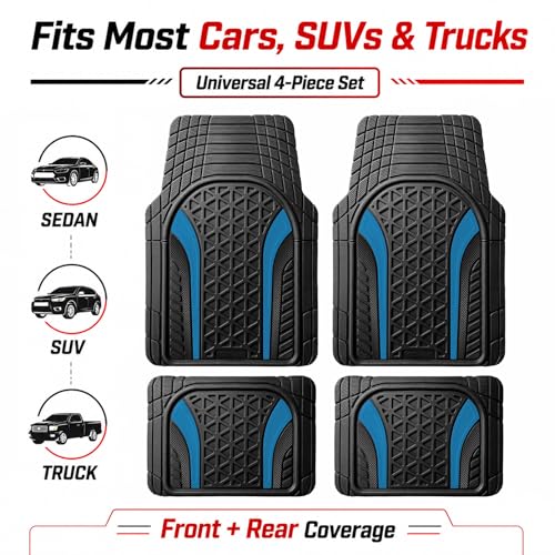 Heavy Duty Rubber Car Mats Carbon Fiber Design (Electric Blue), 4-Piece Deep Waterproof Floor Mats Set (Front & Rear Full Set), All Weather Universal Trim to Fit Automotive SUV Sedan Truck - color: Electric Blue, size: Carbon Fiber