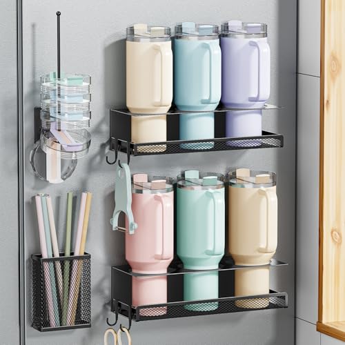 4 Pack Magnetic Cup Holder for Fridge, 40 OZ Metal Tumbler Holder for Stanley Cup, Magnetic Water Bottle Organizer with Lid Straw Holder Set Heavy Duty (Black)